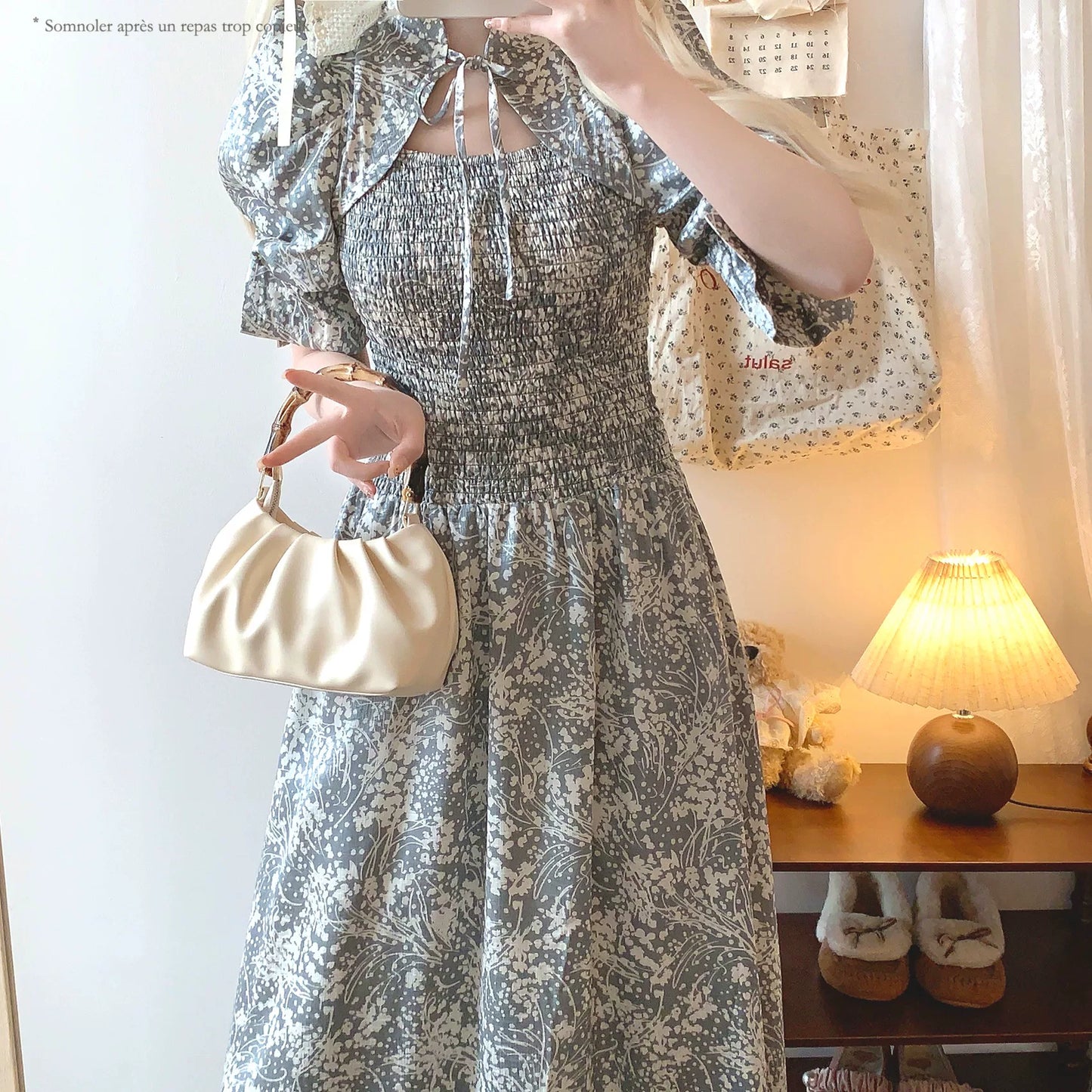 Japanese Single Elegant Vintage Hollow Lace Stand Collar Ink Splash Floral Pleated Waist Cinching Puff Sleeve Dress