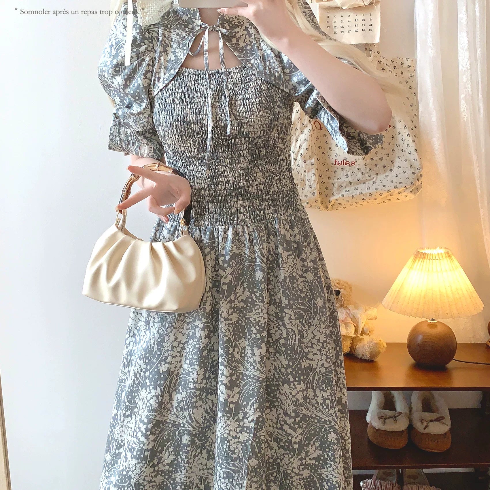 Japanese Single Elegant Vintage Hollow Lace Stand Collar Ink Splash Floral Pleated Waist Cinching Puff Sleeve Dress