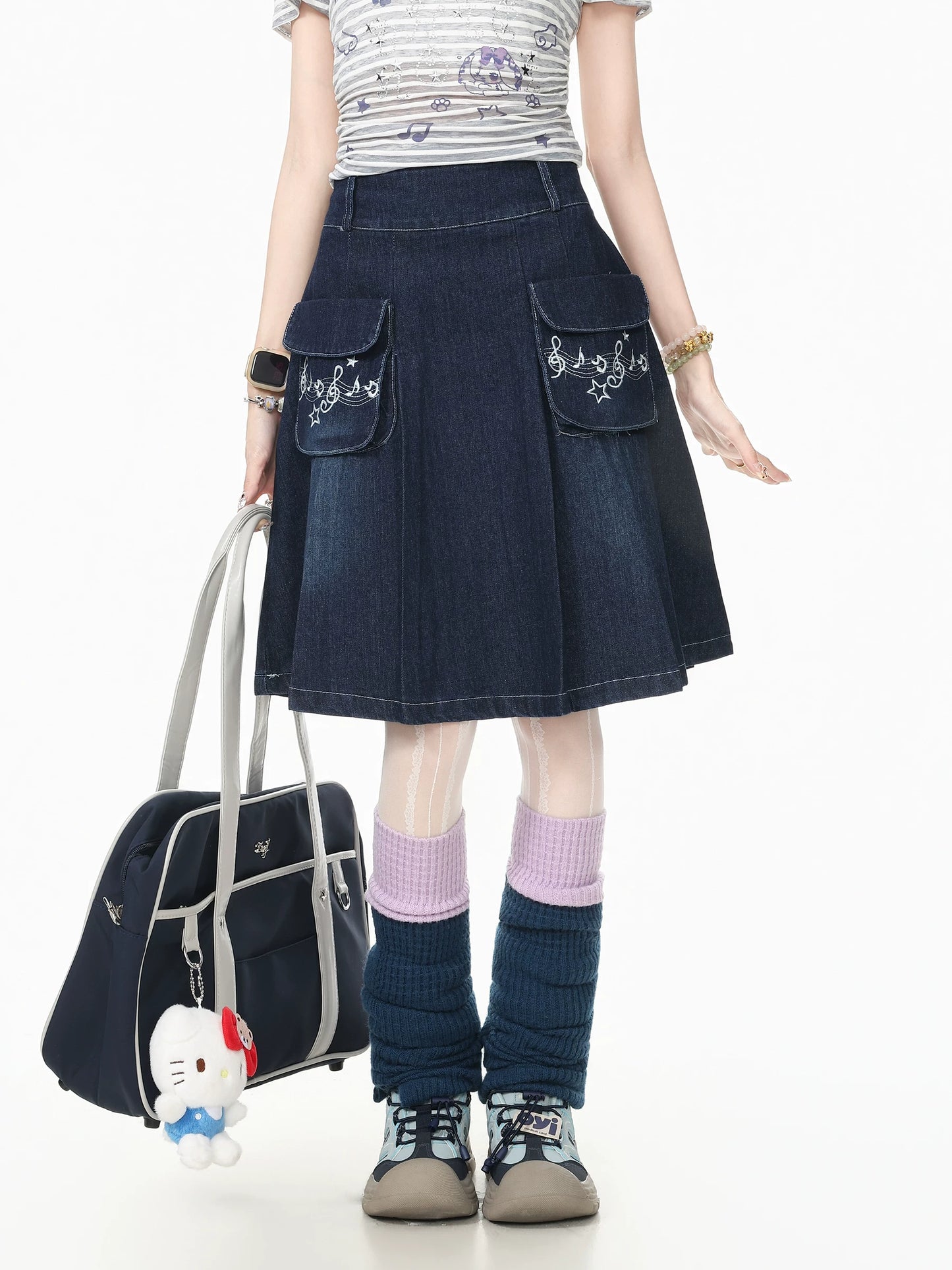 Blue Ghost Park Languid Park Embroidered Pocket Pleated Denim Midi Skirt for Women, Summer New Style