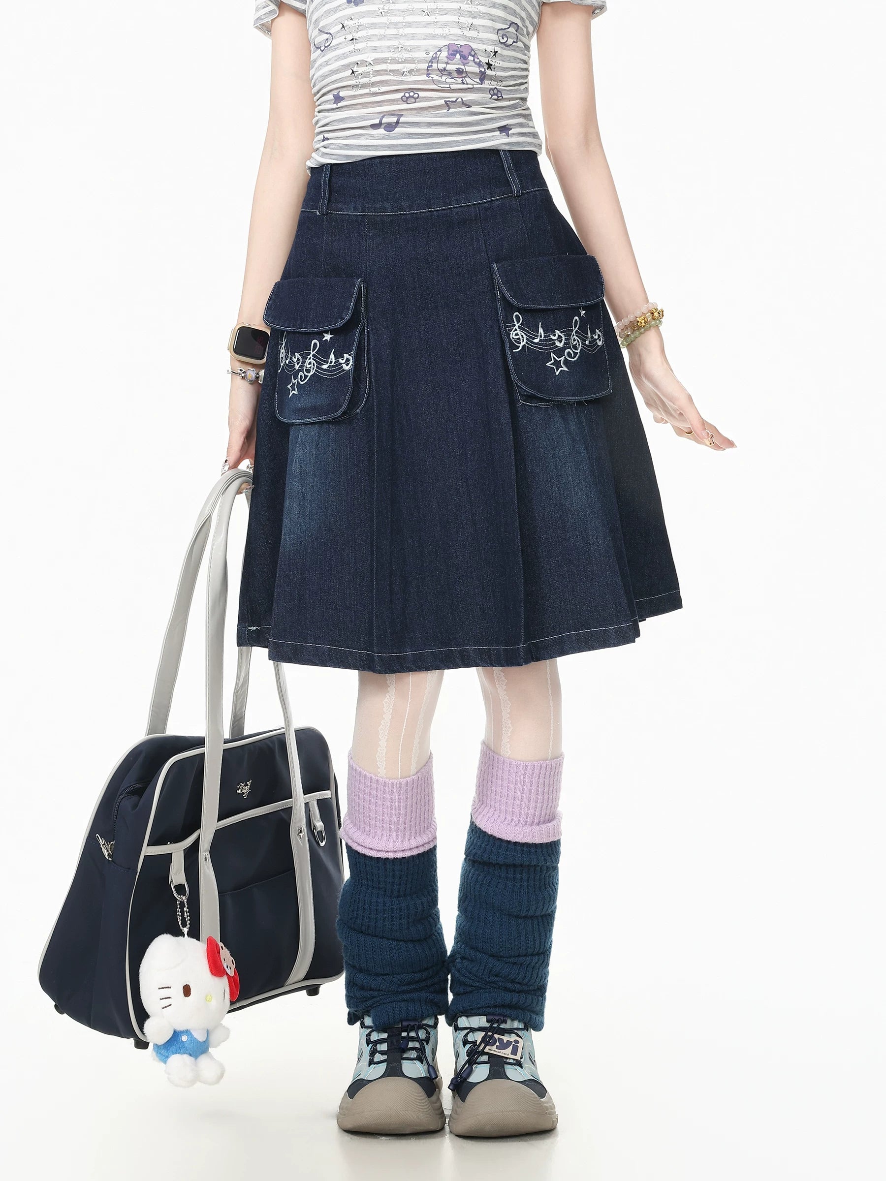 Blue Ghost Park Languid Park Embroidered Pocket Pleated Denim Midi Skirt for Women, Summer New Style