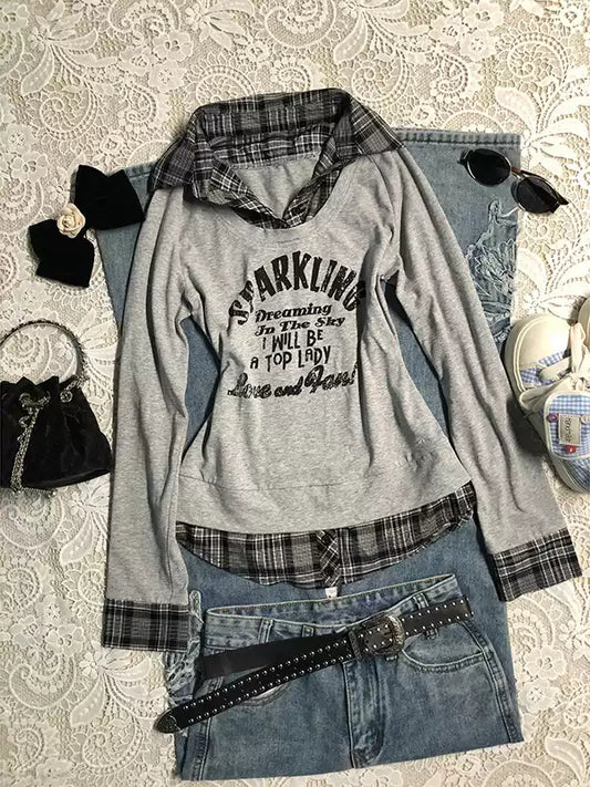 Gray plaid patchwork letters long-sleeved Top