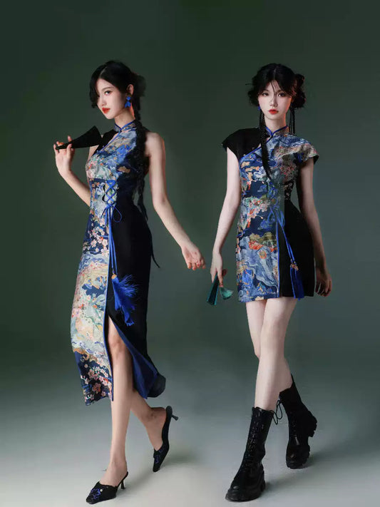Navy Embroidery Cheongsam Dress
