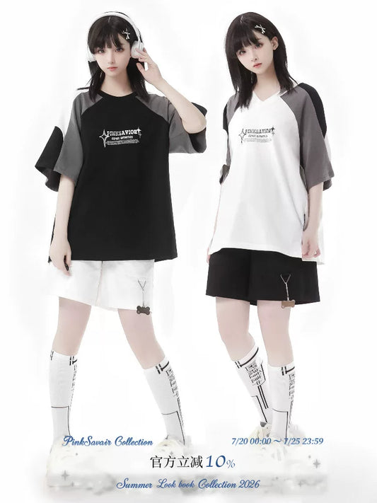 PinkSavior Starry Stream/Black-Grey Summer Oversized Raglan Casual Men’s and Women’s T-Shirt Shorts Set Minimalist Couple Style