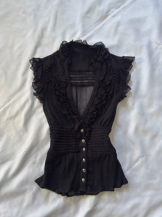 Black V-Neck Peplum Ruffle Slimming Short-Sleeve Top for Women, Summer Versatile Stylish Chic