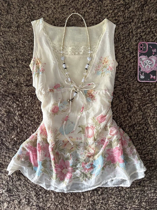 Vintage Floral Off-Shoulder Camisole Dress for Women Summer Romantic Fairy Girl Sweet Unique Style