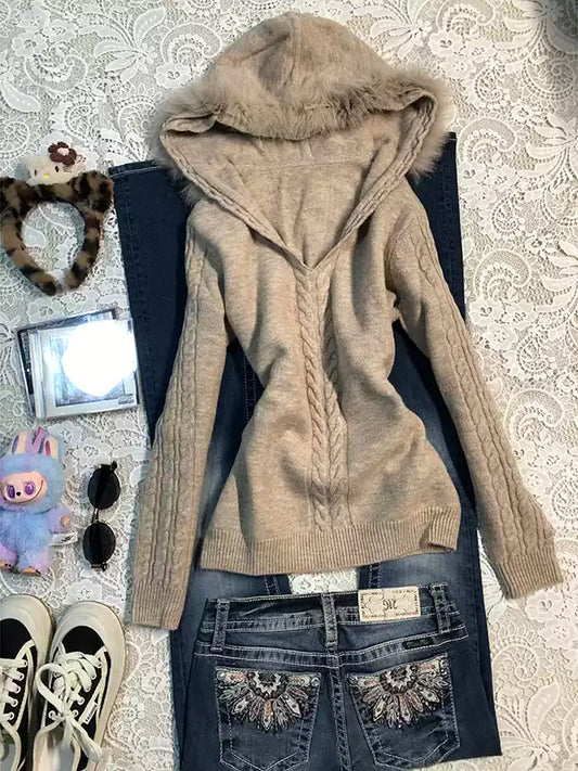 khaki hooded twist sweater