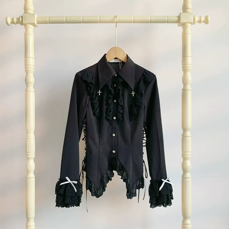 Gothic Lolita Blouse Black White Waist-Tie Shirt