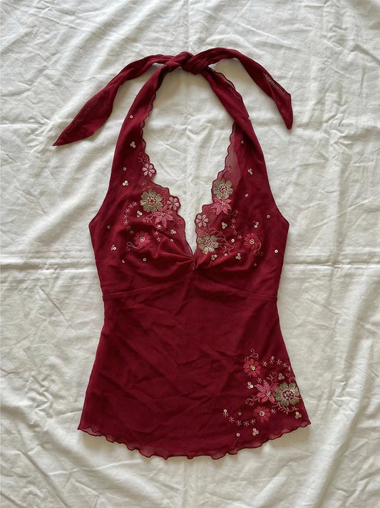 Red Vintage Embroidered Halter Camisole Dress for Women Summer Vintage Style Boutique Outfit