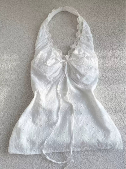 White hollow embroidered halterneck camisole