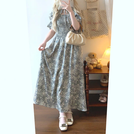 Japanese Single Elegant Vintage Hollow Lace Stand Collar Ink Splash Floral Pleated Waist Cinching Puff Sleeve Dress