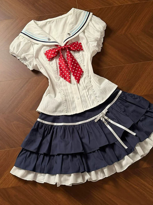 Navy Academy Style Girls’ Top + Short Skirt 2-Piece Set, Japanese Kawaii Sweet Outfit
