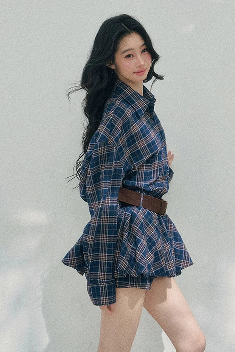 American Polo Collar Check Dress + Pants + Belt