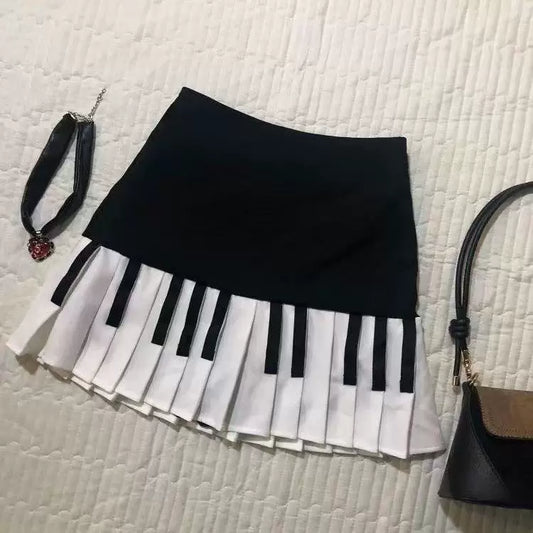 Vintage Art Dress Spring Summer Aesthetic Vintage Black and White Piano Key Mini Skirt for Women Student Y2K Outfit