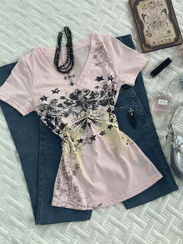 Pink Print V-Neck Top
