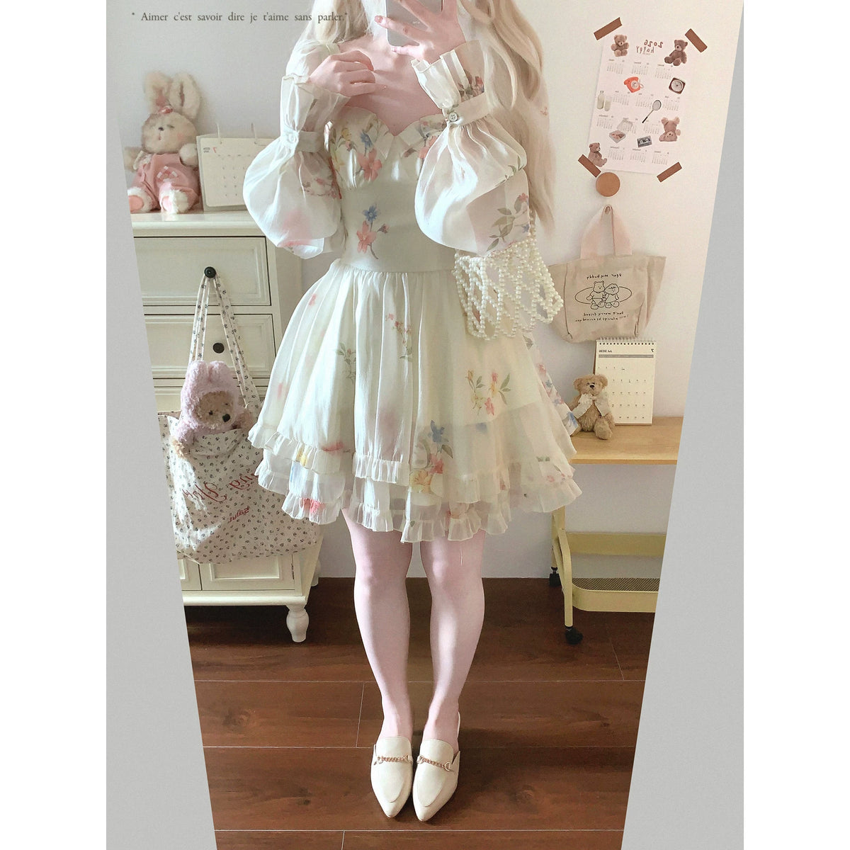 Last-Season Find French Vintage Square-Neck Floral Elegant Long-Sleeve Chiffon Dress