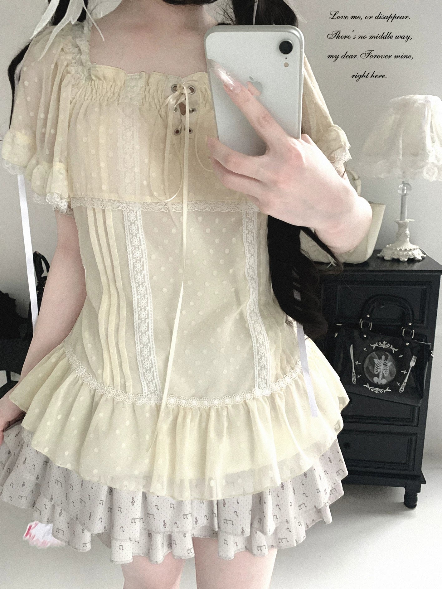 KittyBxllet Original “Misa Saisei” Vintage Nainain Loose-Fit Lace Polka Dot Top with Tie Detail