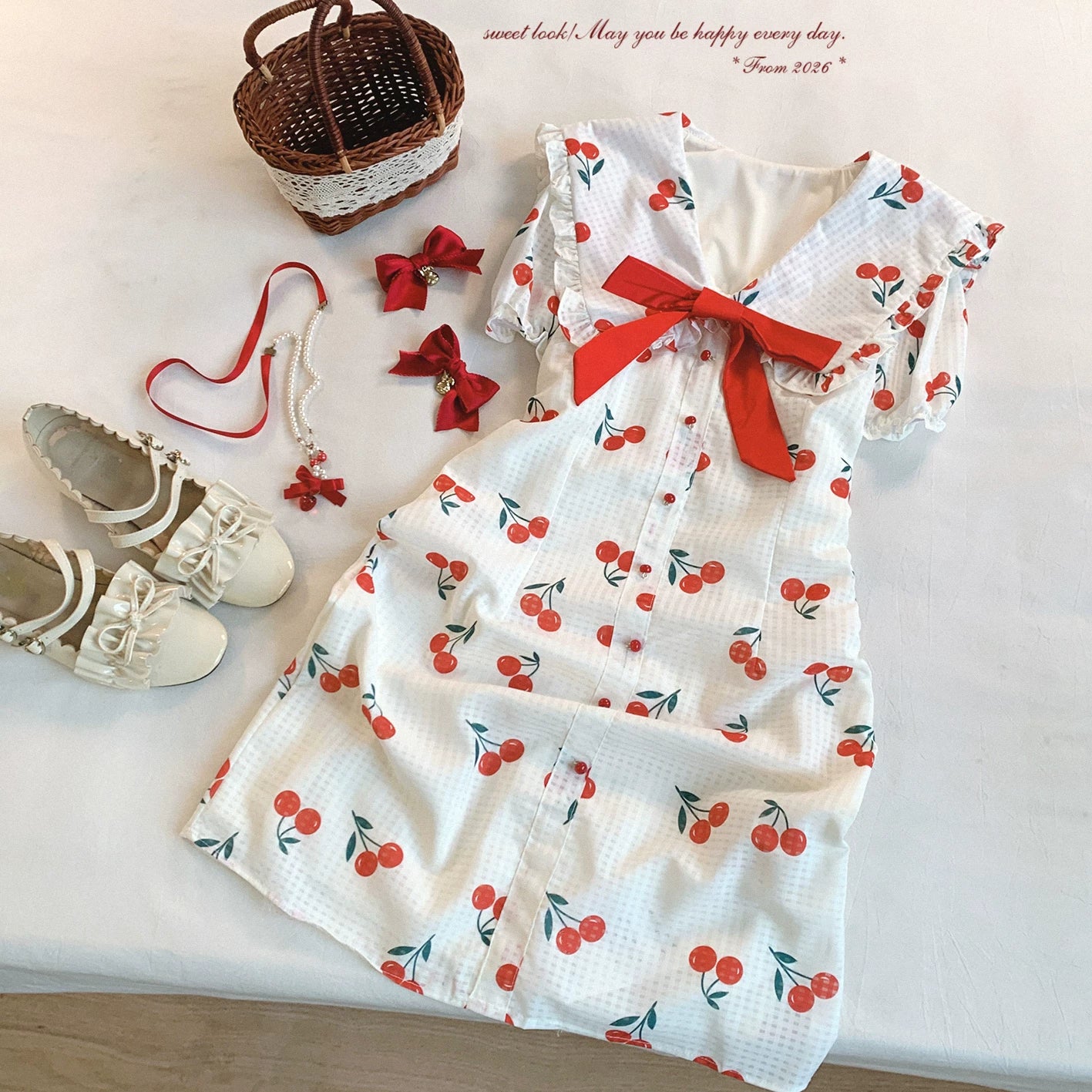 Last-Season Sale Cherry Print Gingham Retro Summer Cute Bow Cinched Waist Dress*