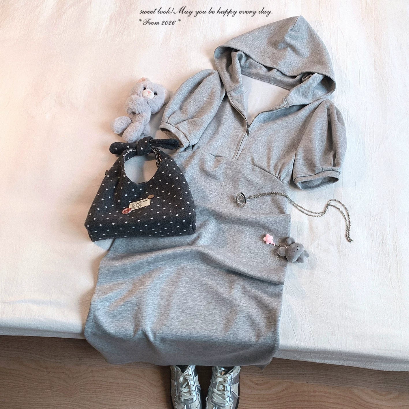 Last-Stock GR* Solid Color Minimalist Hooded Sweatshirt Dress, Casual Everyday, Versatile Zip-Front Dress