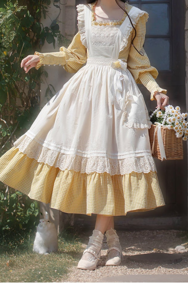 【Pre-order item】Retro Girly Yellow Dress + Apron + Ribbon