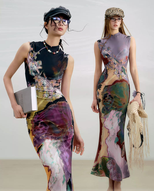 Chinese Print Cheongsam Dress