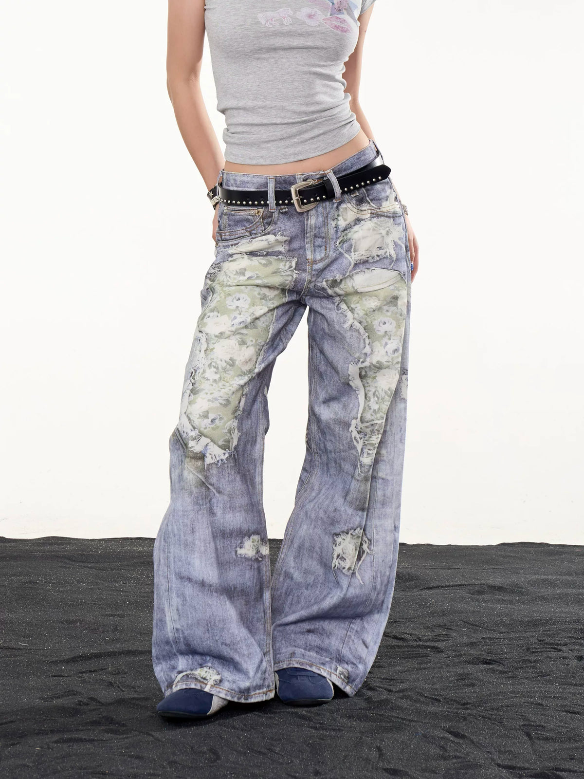 ONLPP American Vintage Streetwear Casual Distressed Print Wide-Leg Jeans for Women, Loose-Fit Statement Trousers