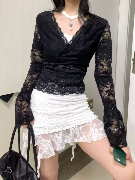 goth starry style lace long-sleeved top