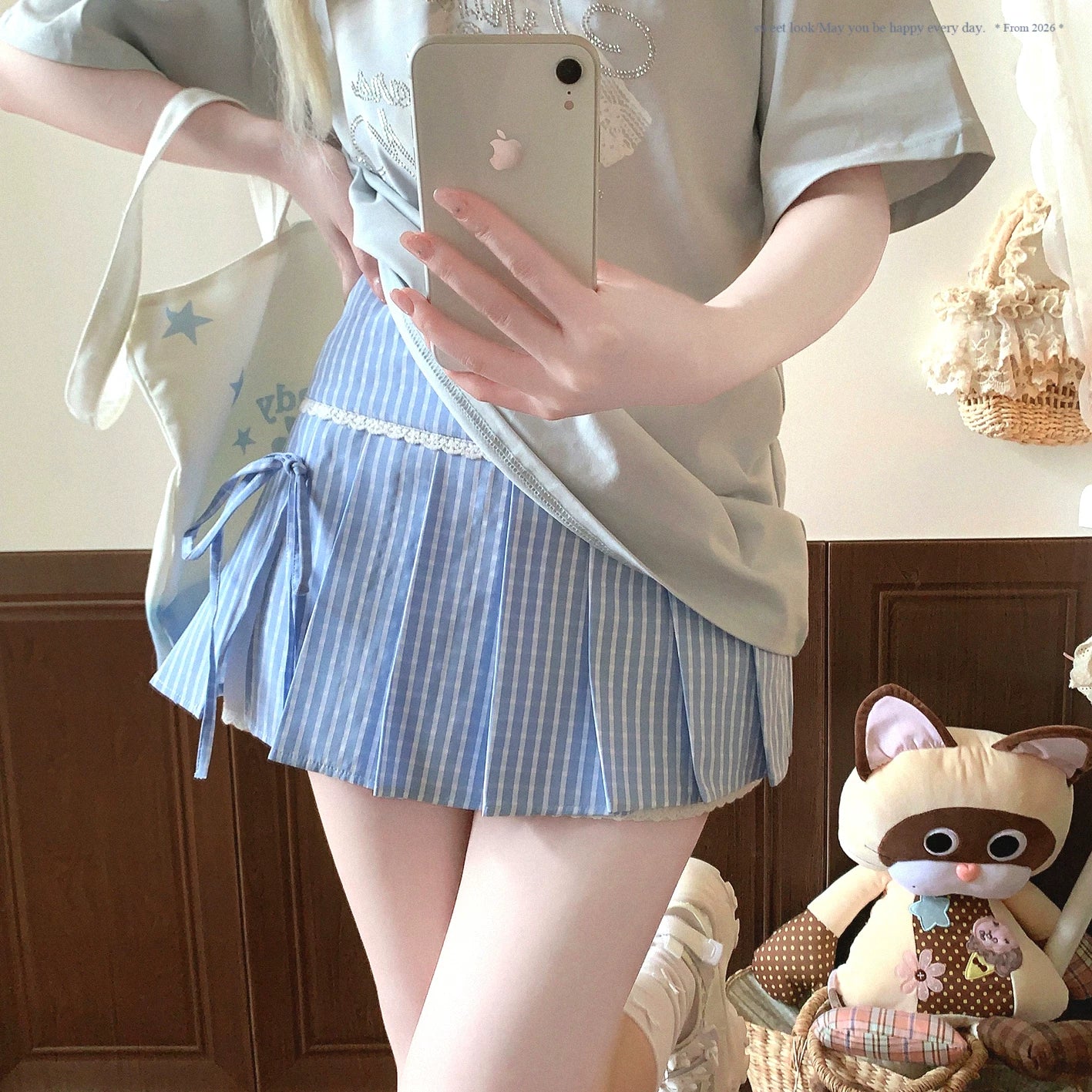 Last-Call NCX* Summer Fresh Sea-Salt Blue Check Lace Sweet High-Waisted Pleated Midi Skirt