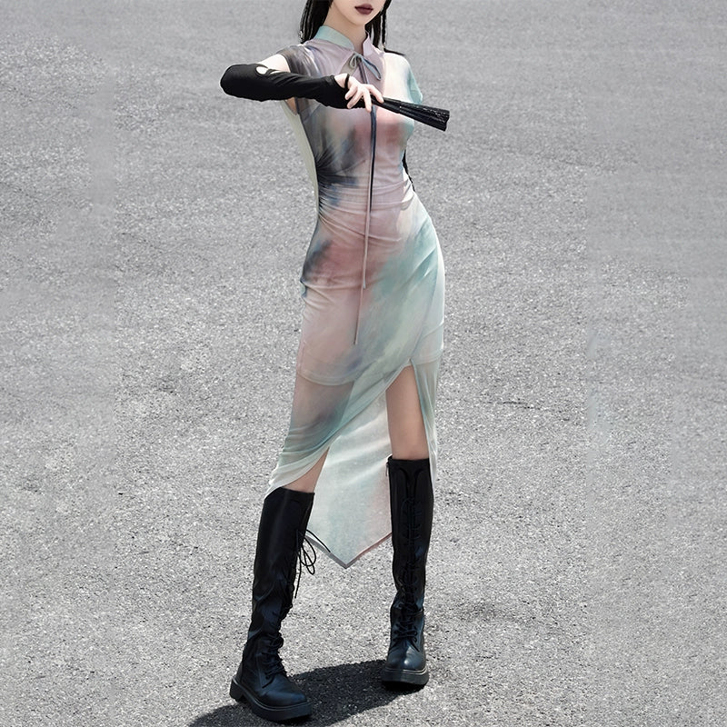 Ink Smudged Cheongsam Dress