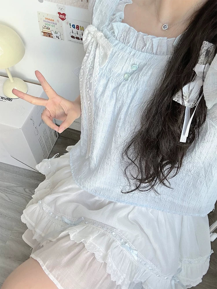 Lala Sauce Milk Flavor Original Design Blue Lightweight Chiffon Overlay Top & White “Cake Skirt” Dress Set