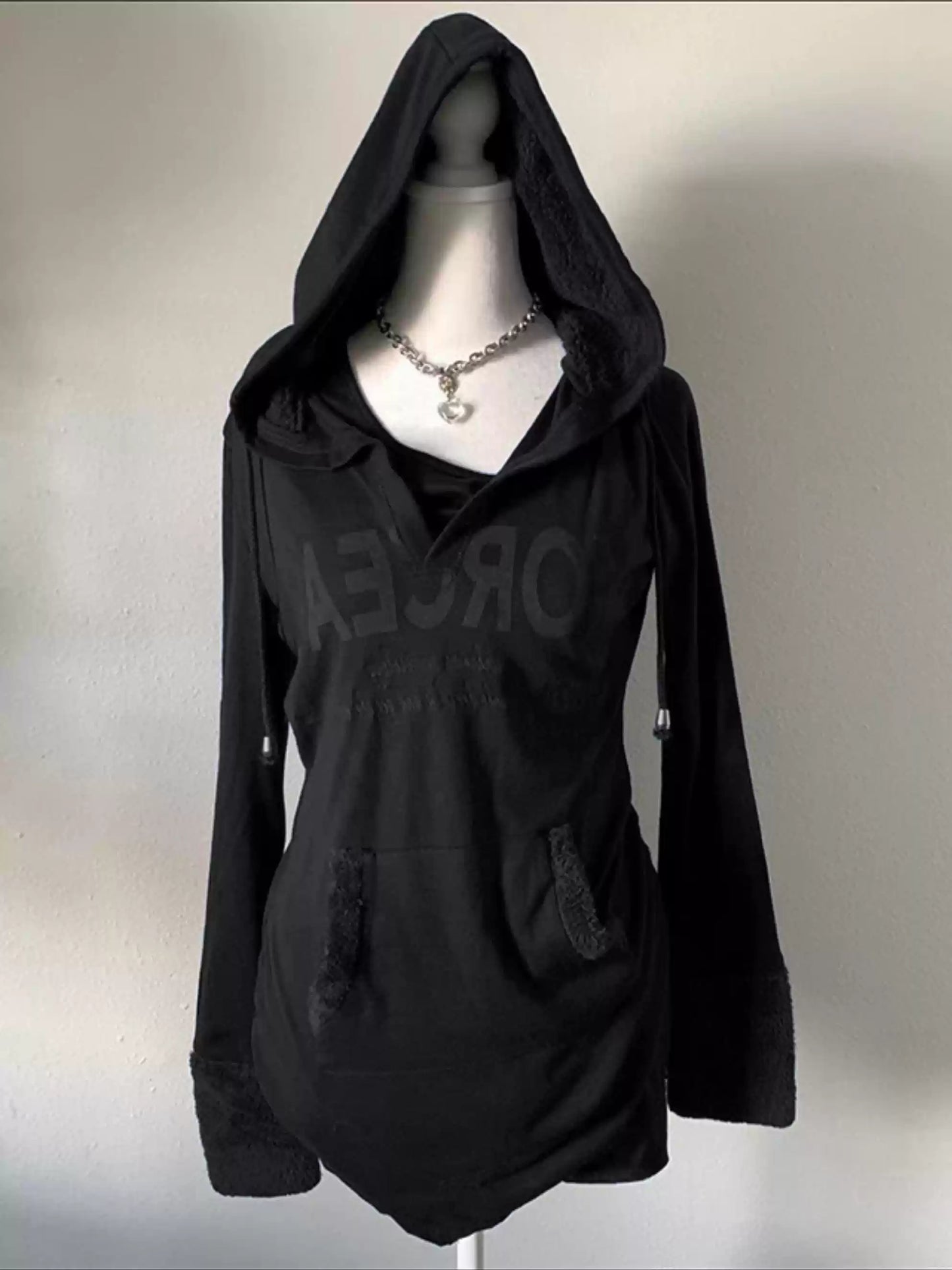 Dark blue lamb wool patchwork hooded sweatshirt