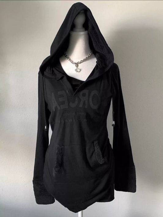 Dark blue lamb wool patchwork hooded sweatshirt
