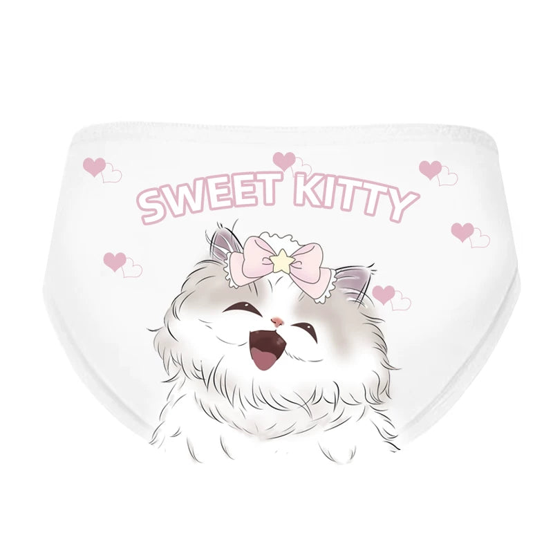 Original Cat Ice-Silk Underwear Cotton Gusset Pure-Cute Style Plus-Size High-Waist White Soft Girl Bikini Cute Triangle Panties