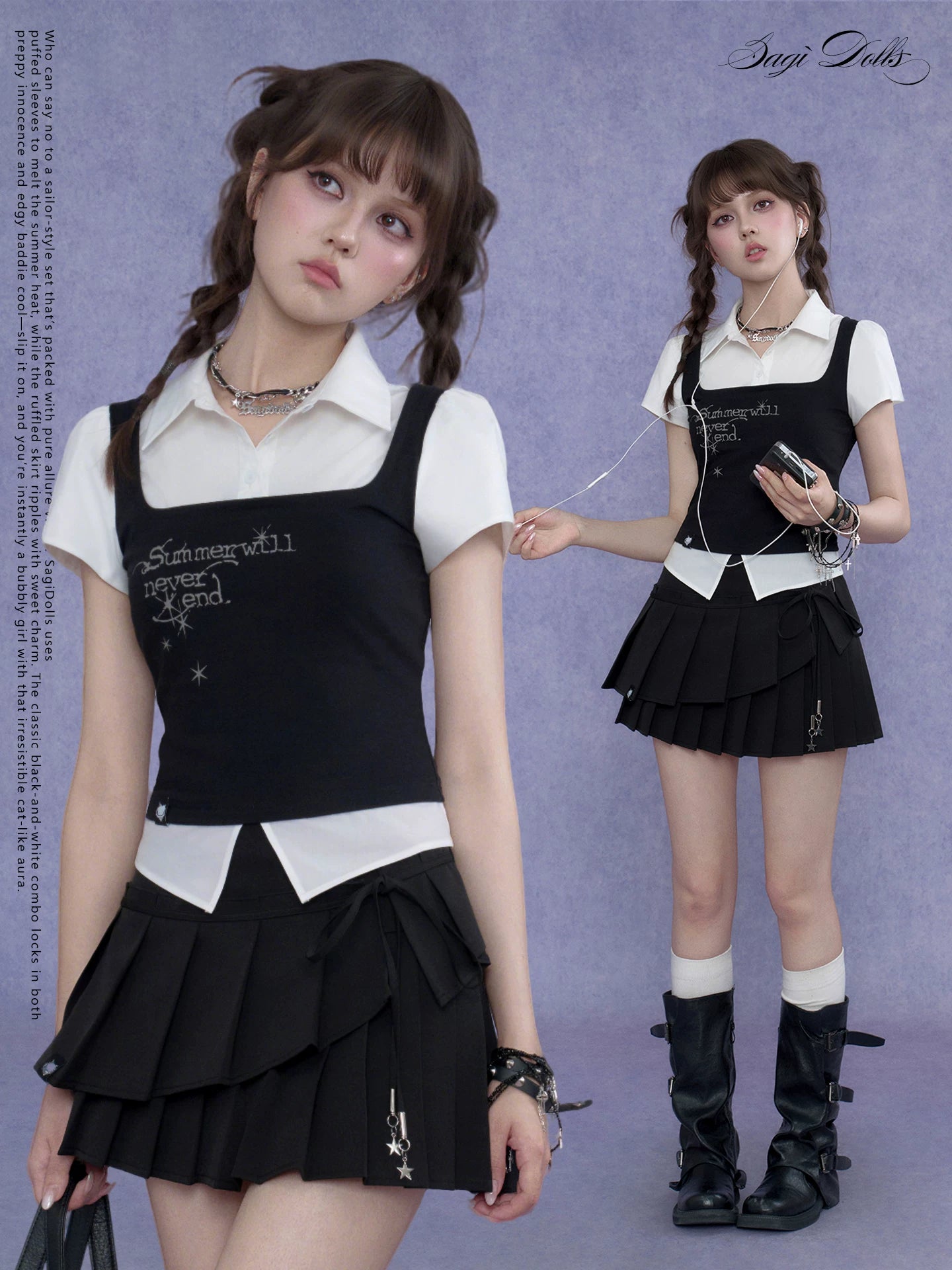 SagiDolls Girls’ Fighting Spirit Dark Sweet Goth School Style Knit Vest Short Sleeve Shirt Two-Piece Look Top Summer