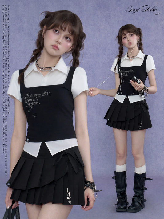 SagiDolls Girls’ Fighting Spirit Dark Sweet Goth School Style Knit Vest Short Sleeve Shirt Two-Piece Look Top Summer