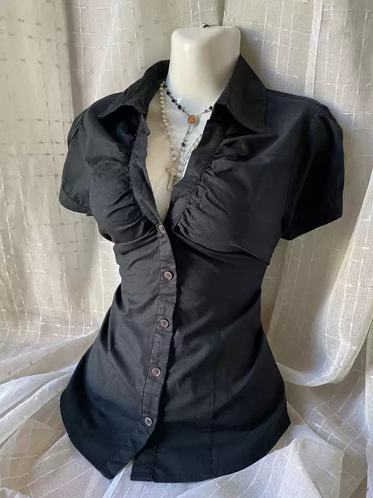 retro black V-neck shirt