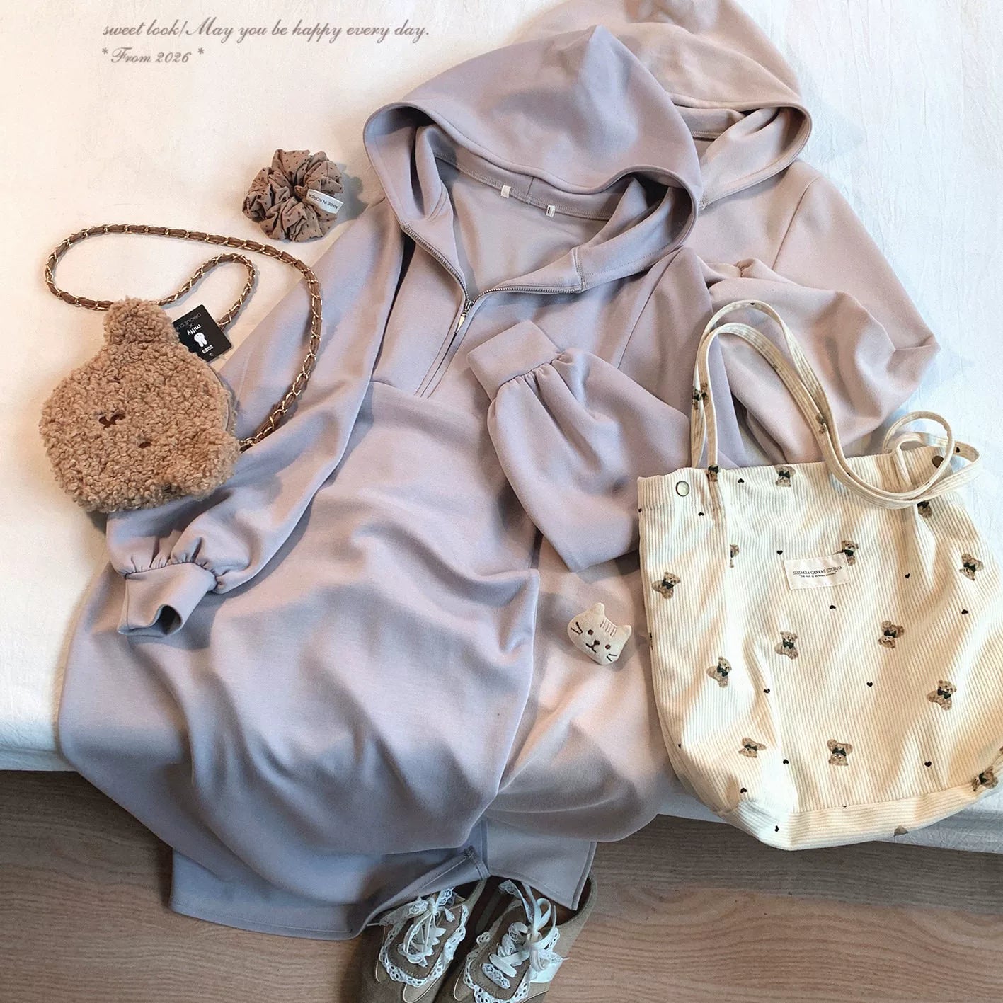 Last-Stock GR* Solid Color Minimalist Hooded Sweatshirt Dress, Casual Everyday, Versatile Zip-Front Dress