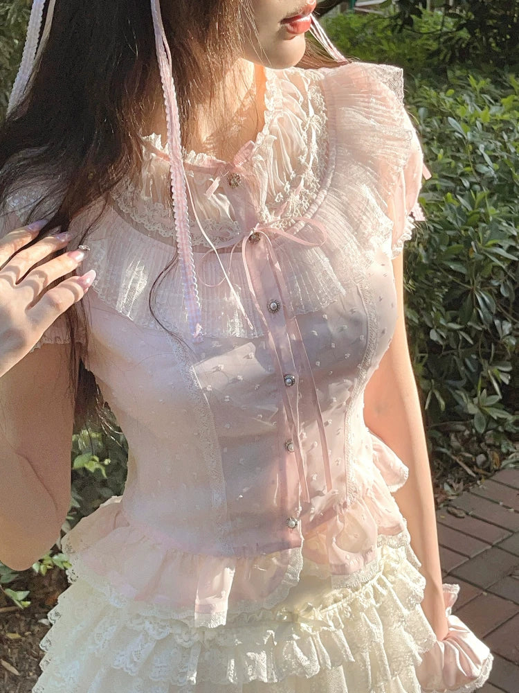 Antique-Style Doll—Dot Tulle Chiffon Top T2333