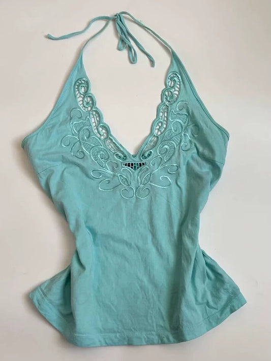 Vintage Blue Cinched Waist Halter Backless Cami Top for Summer, Slimming, Small-Batch Niche, Stylish