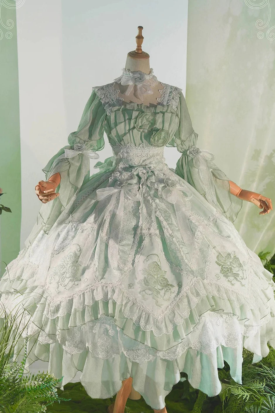 Fairy Princess Lolita Jumper Skirt + Hair Accessories + Sleeves Green ［Long Jsk ］