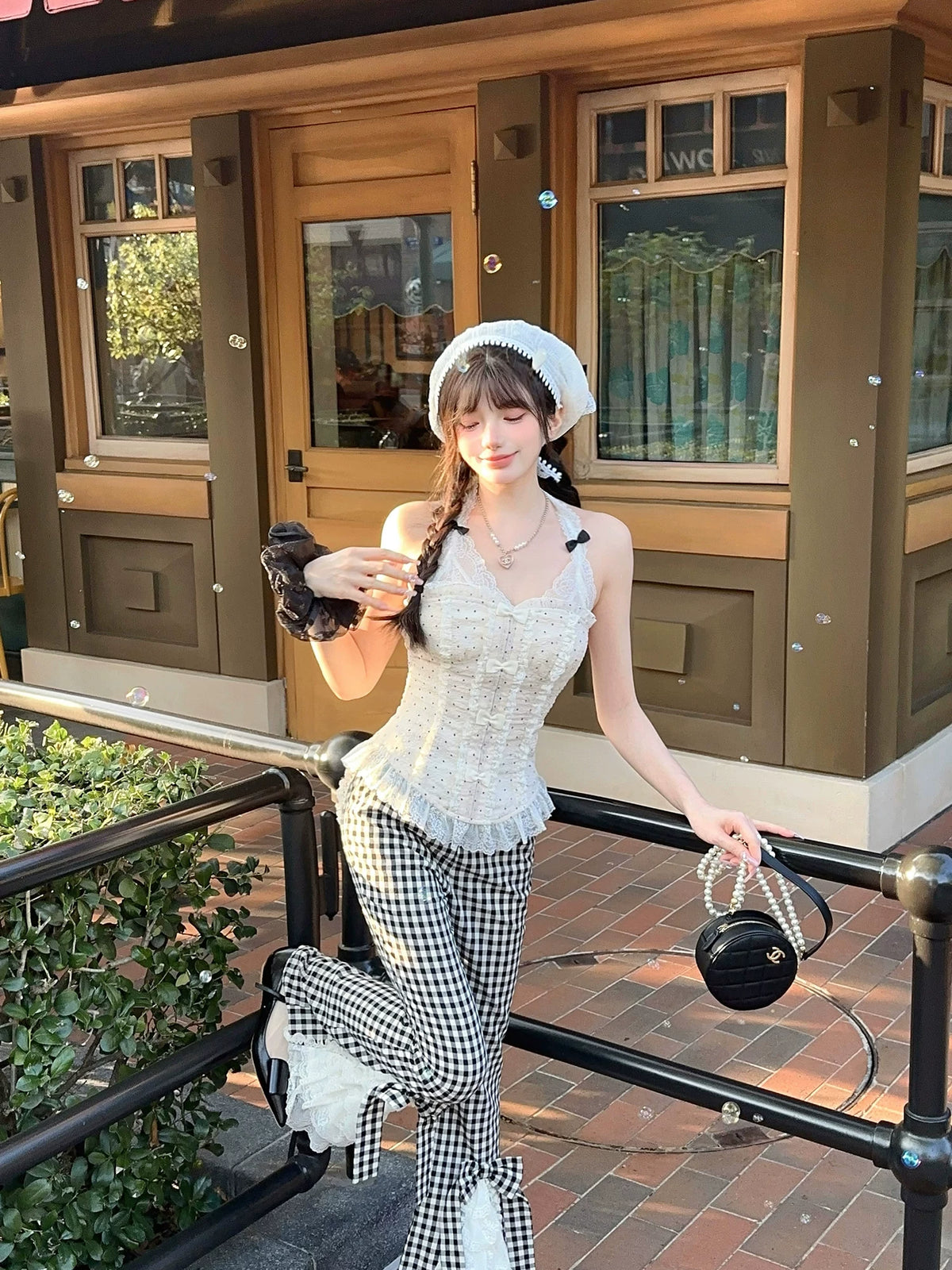 “Pinched Waist” French Girl Polka Dot Slim-Fit Chiffon Bustier Top T2324