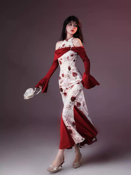 Rose Velvet Printed Fishtail Cheongsam Dress
