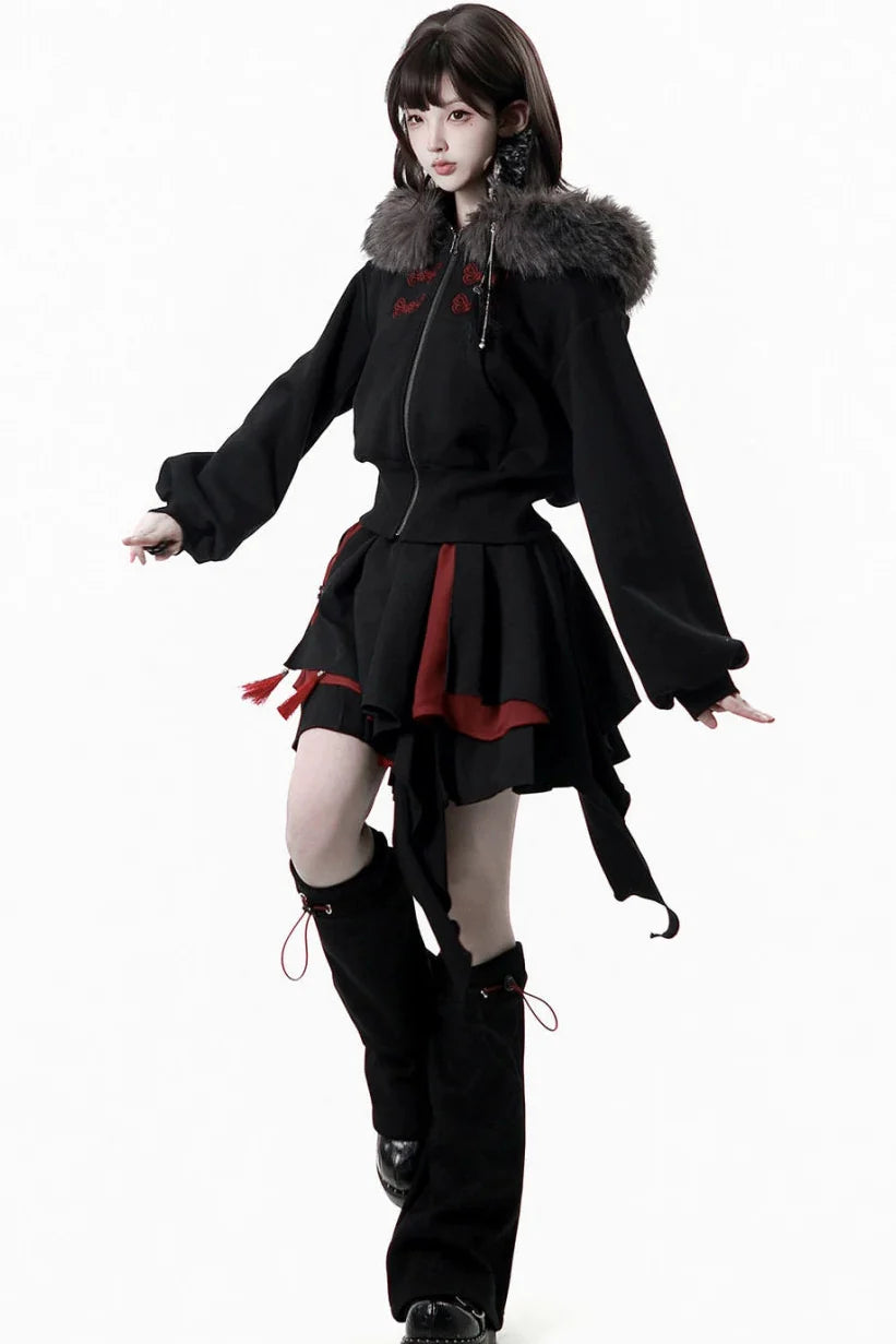 Dark Detachable Fur Jacket + Skirt + Pants