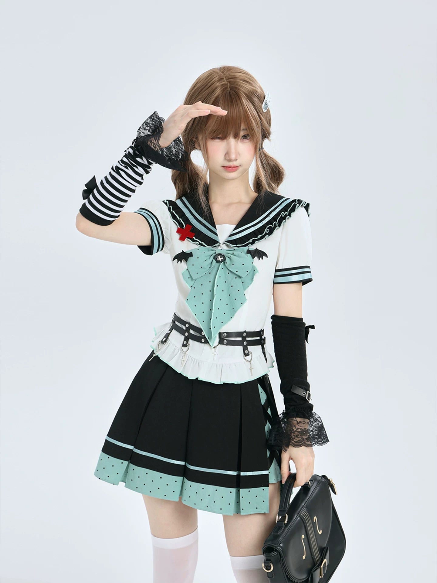 Lala Sauce Cyber Dreamscape Mint Black Sailor Dress Set Sweet Cool Bat Dot Bowtie Pleated Skirt Two-Piece