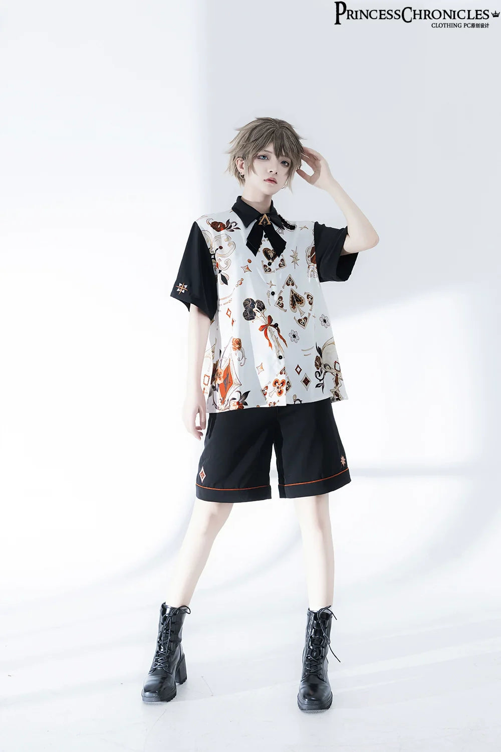 Retro Ouji Lolita Shirt Floral Short Sleeve Shirt and Embroidered Black Shorts