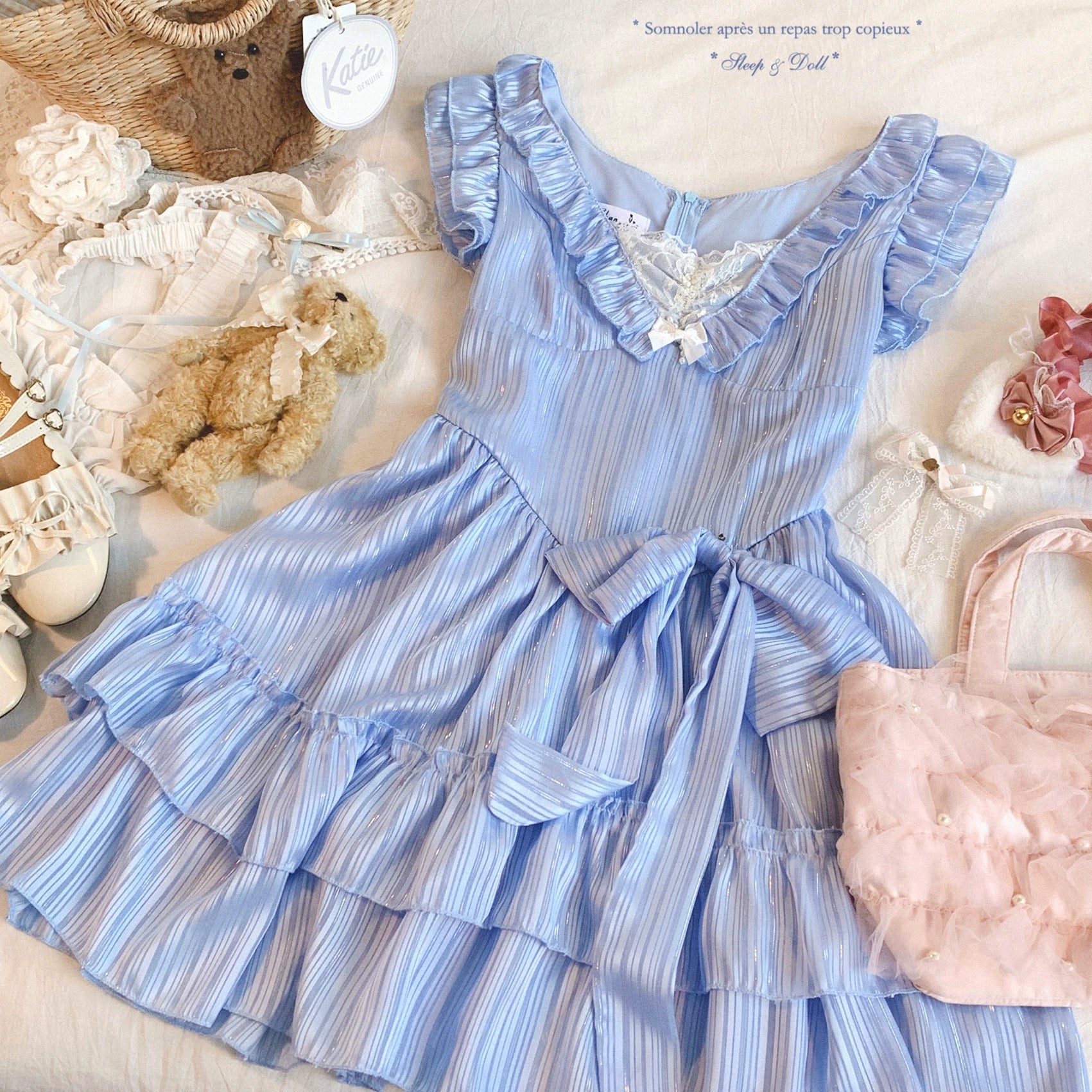 Last-Call Sweet Ruffled Hem Puff-Sleeve Lace Bow Embroidered Pure-Desire Tiered Princess Dress