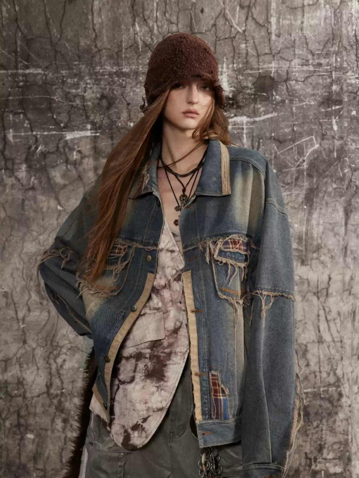 American high street distressed raw edge silhouette denim jacket