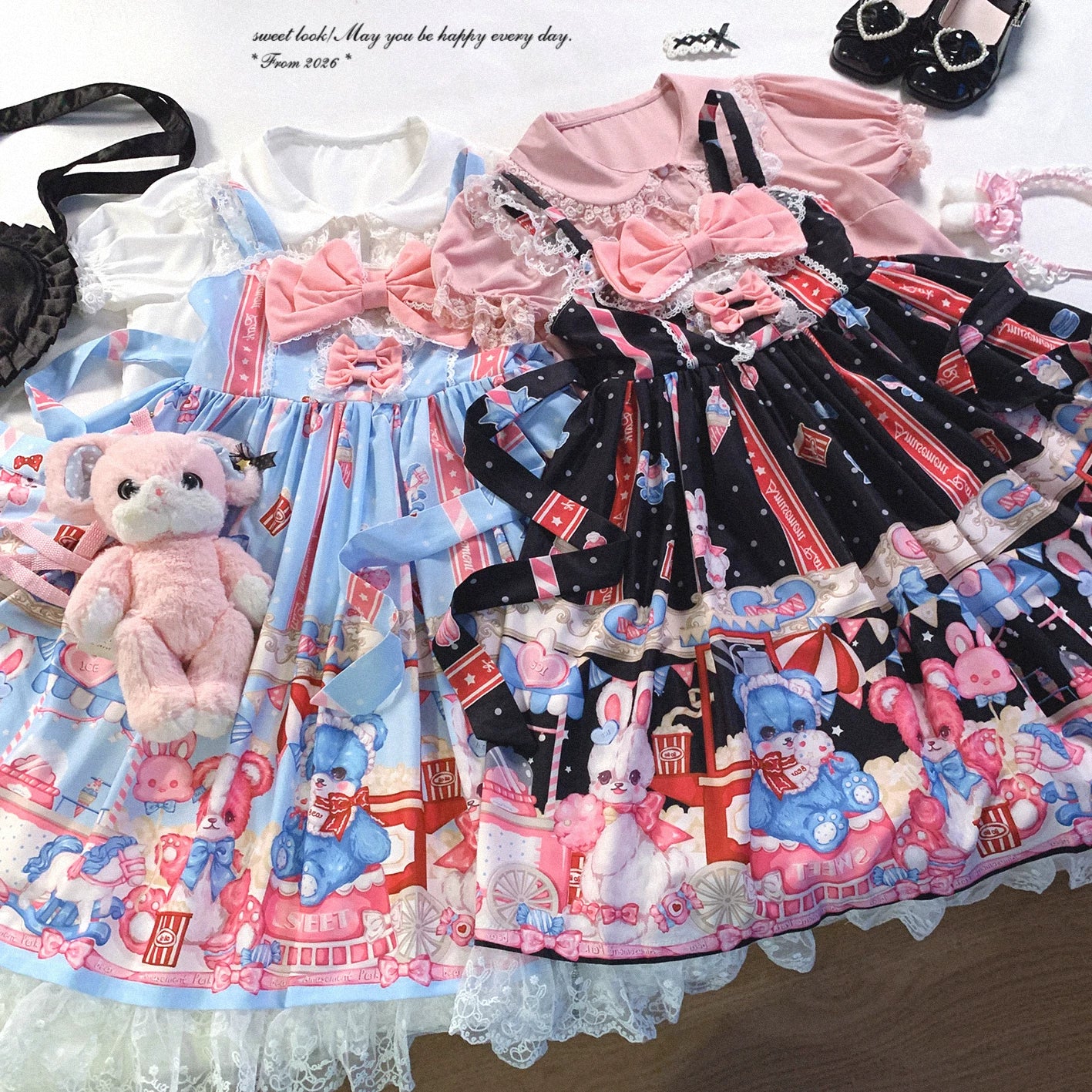 Last-Call BTSN Adorable Popcorn Bear & Bunny Print Patchwork Lace Bow Lolita Dress *f