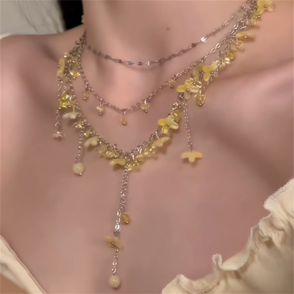 zoozmomo Yellow Crystal Flower Beaded Tassel Necklace for Women, Elegant Choker Collarbone Necklace