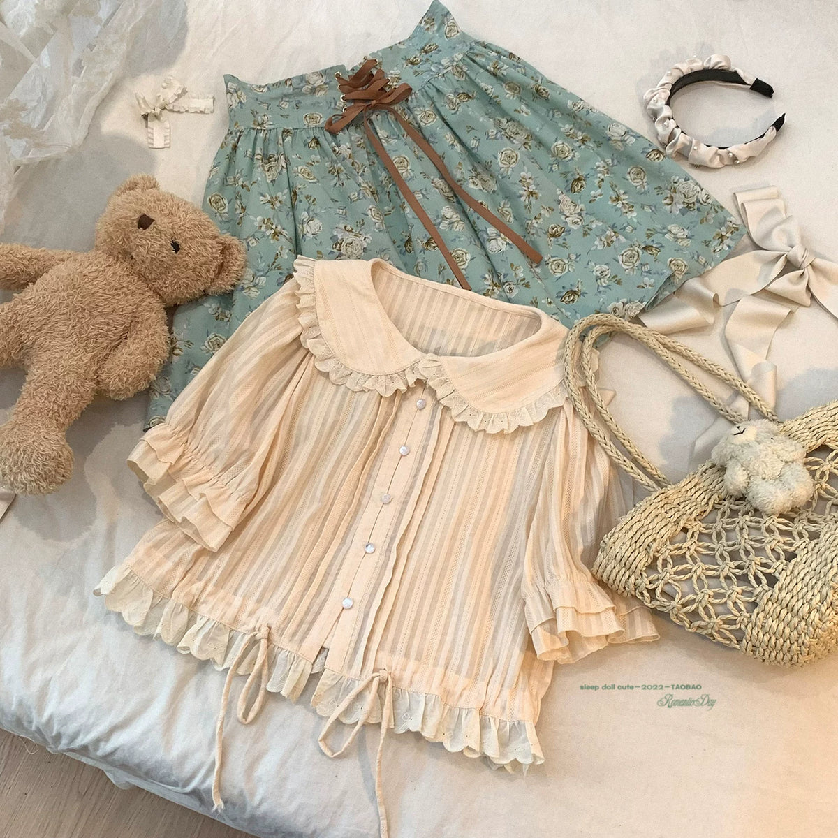 Sleepingdoll Handmade — Kingfisher Garden Mint Rose Printed Cotton Dress Half-Skirt Series