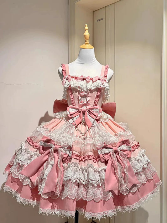Pink “Little Girl Heart” Lolita Dress Doll-Inspired With Dramatic Long Train, Exquisite Heirloom Jsk Rococo-Style Princess Dress
